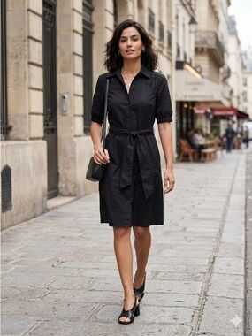 A/X Armani Exchange Black Button-Front Midi Shirt Dress with Waist Tie